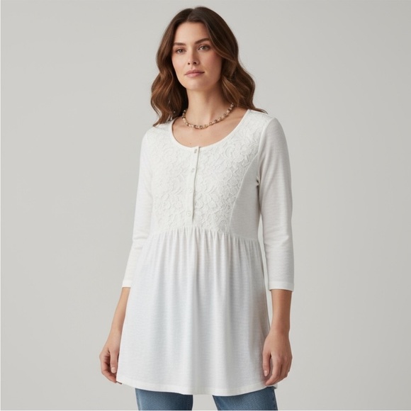 LOGO by Lori Goldstein Tops - LOGO Lori Goldstein White Lace Trim Tunic Top Women’s Large Boho Cotton Long Sle